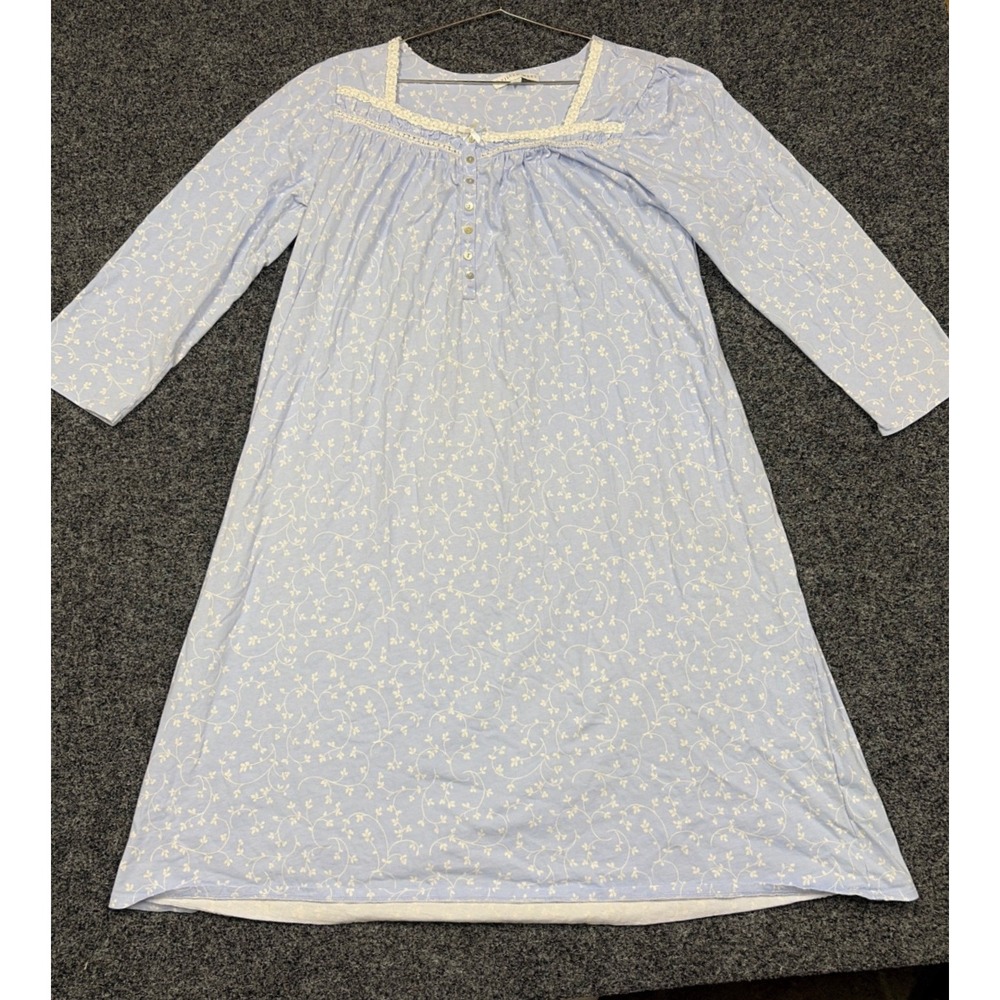 Eileen West Nightgown Womens L Blue Floral Cotton Lace Trim Long Sleeve Chemise